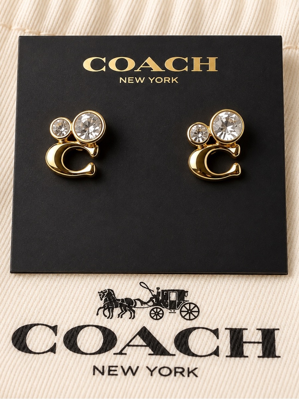 Coach Gold and Clear Crystal Stud Earrings